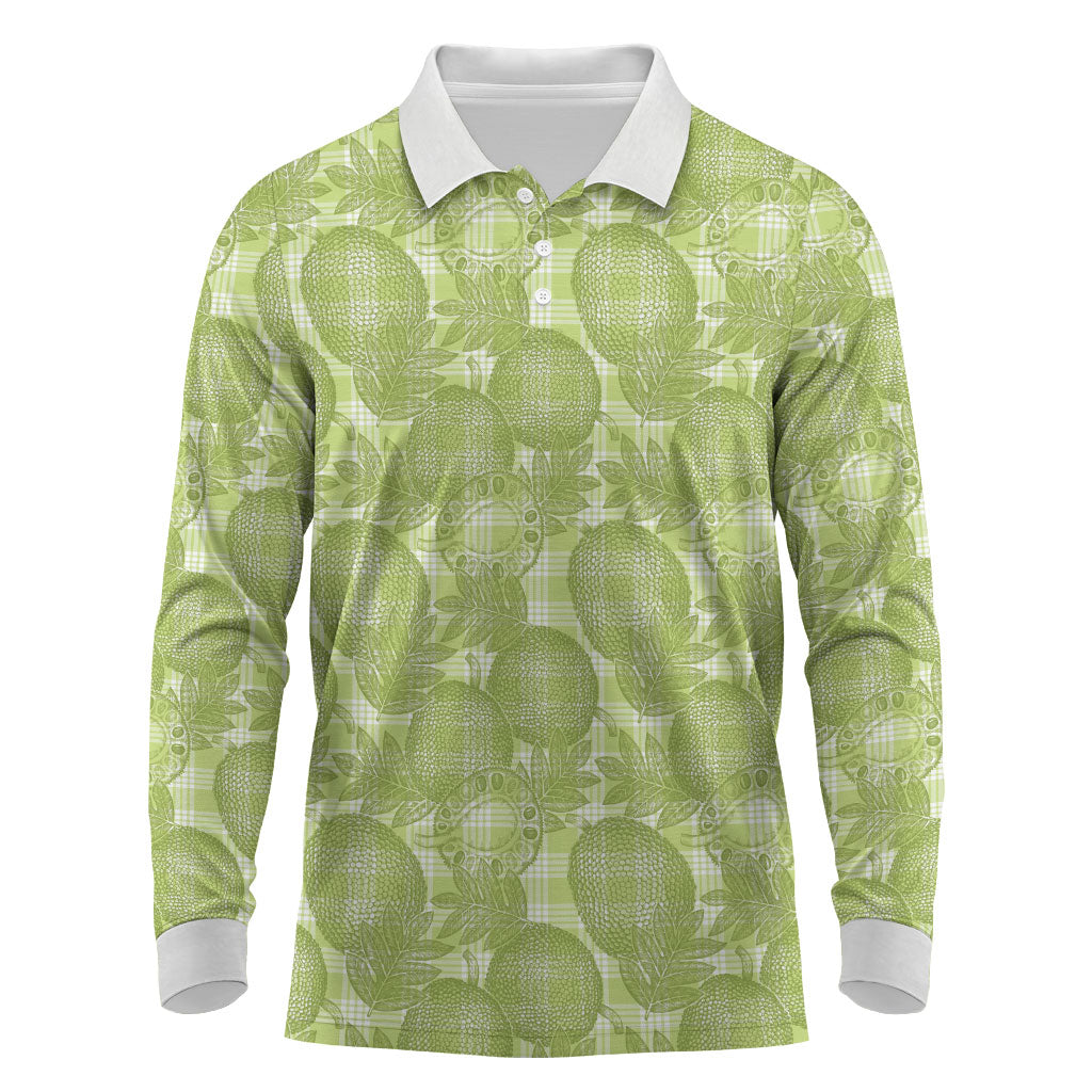 Omaomao Hawaii Breadfruit Palaka Motifs Long Sleeve Polo Shirt LT14 Green - Polynesian Pride