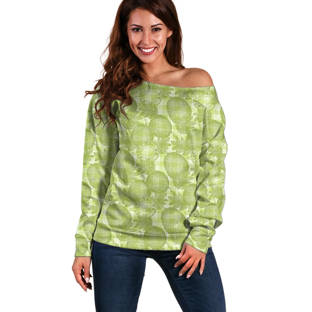 Omaomao Hawaii Breadfruit Palaka Motifs Off Shoulder Sweater LT14 Women Green - Polynesian Pride