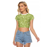 Omaomao Hawaii Breadfruit Palaka Motifs Raglan Cropped T Shirt LT14 Female Green - Polynesian Pride