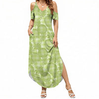 Omaomao Hawaii Breadfruit Palaka Motifs Summer Maxi Dress LT14 Women Green - Polynesian Pride