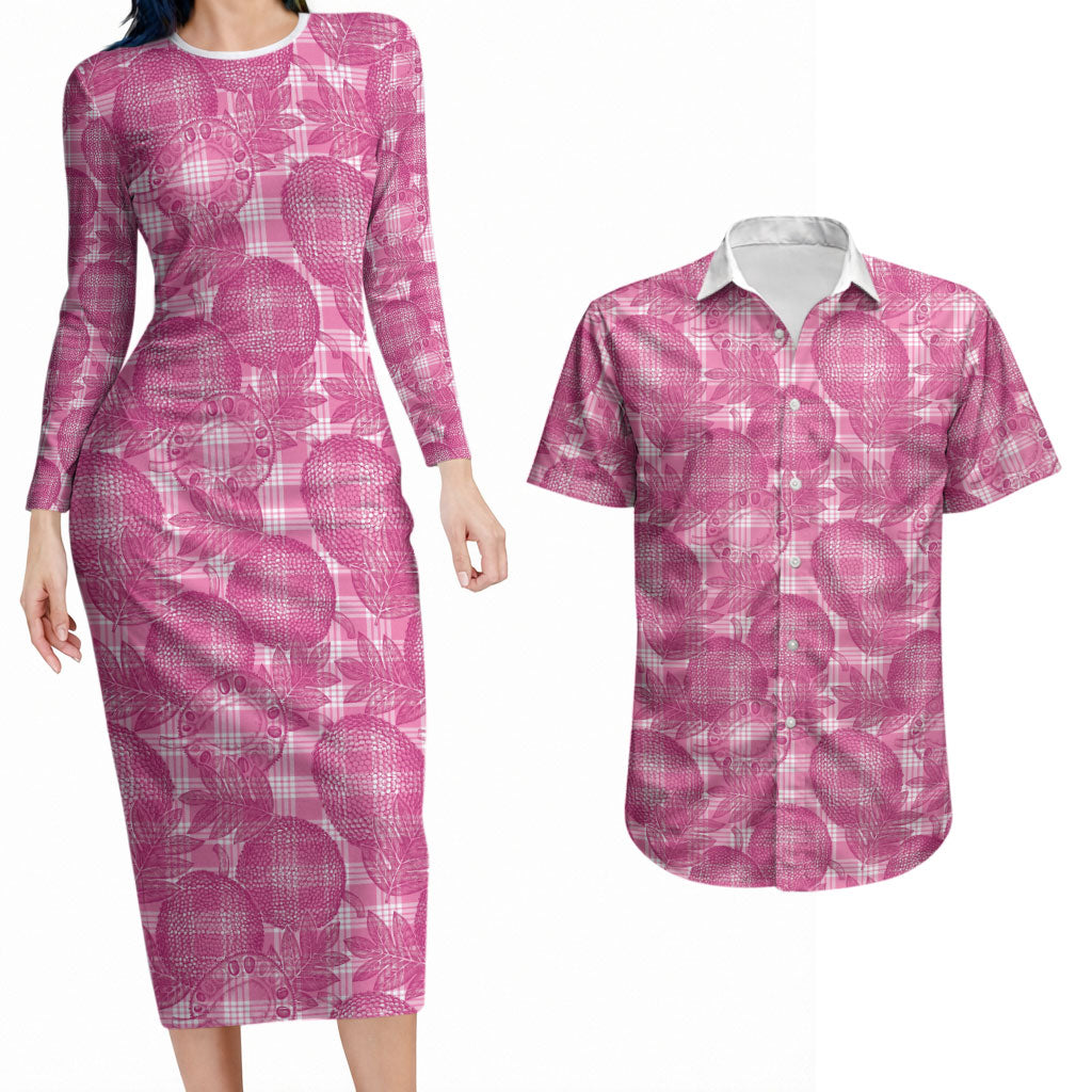 Alaka Hawaii Breadfruit Palaka Motifs Couples Matching Long Sleeve Bodycon Dress and Hawaiian Shirt LT14 Pink - Polynesian Pride