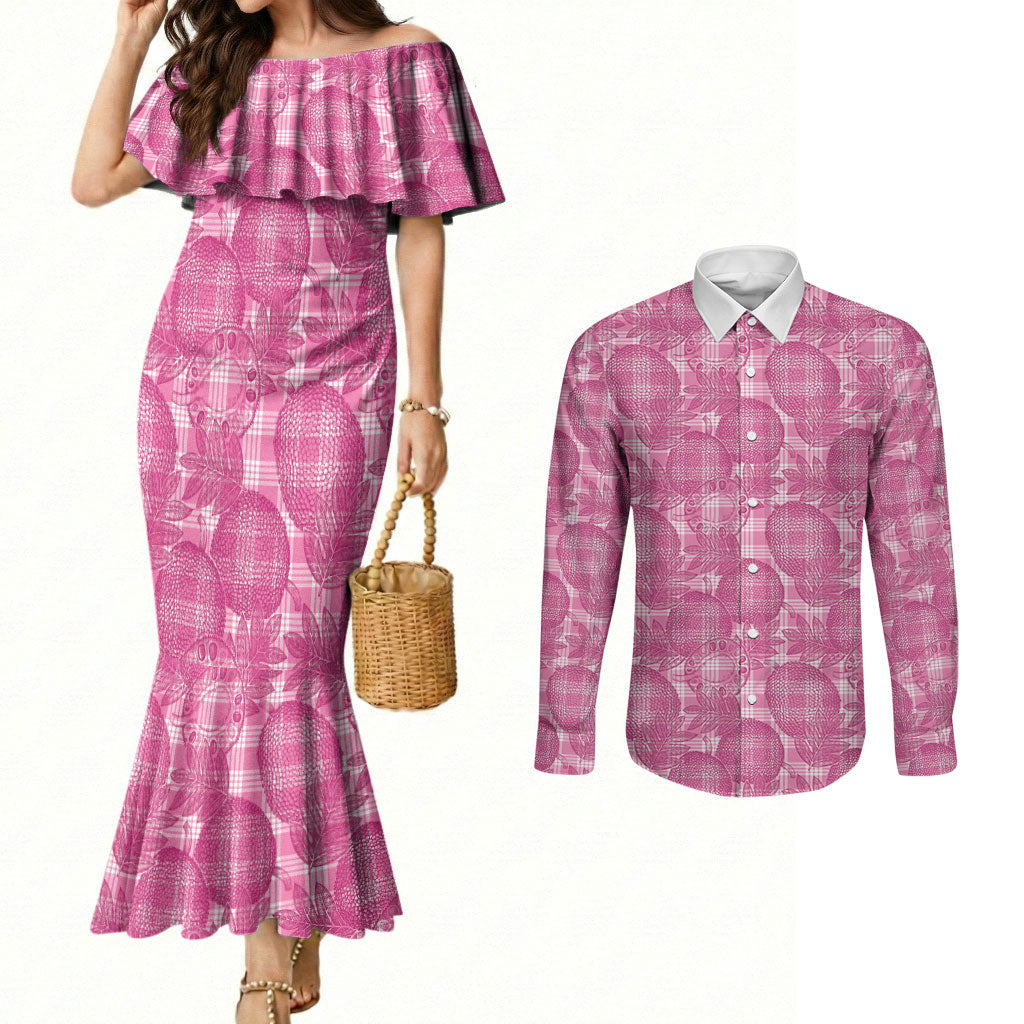 Alaka Hawaii Breadfruit Palaka Motifs Couples Matching Mermaid Dress and Long Sleeve Button Shirt LT14 Pink - Polynesian Pride