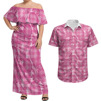 Alaka Hawaii Breadfruit Palaka Motifs Couples Matching Off Shoulder Maxi Dress and Hawaiian Shirt LT14 Pink - Polynesian Pride