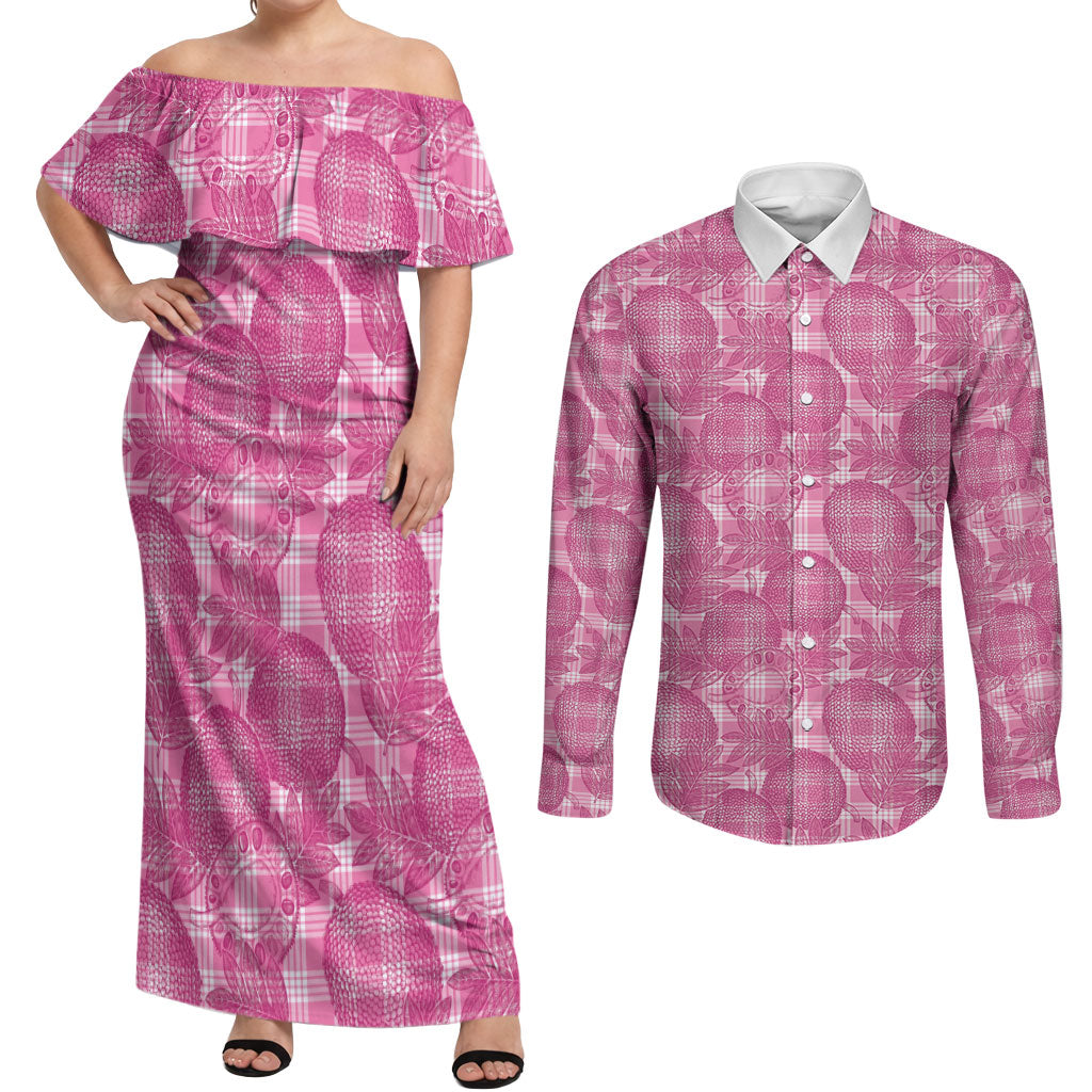 Alaka Hawaii Breadfruit Palaka Motifs Couples Matching Off Shoulder Maxi Dress and Long Sleeve Button Shirt LT14 Pink - Polynesian Pride