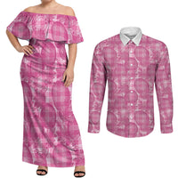 Alaka Hawaii Breadfruit Palaka Motifs Couples Matching Off Shoulder Maxi Dress and Long Sleeve Button Shirt LT14 Pink - Polynesian Pride