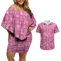 Alaka Hawaii Breadfruit Palaka Motifs Couples Matching Off Shoulder Short Dress and Hawaiian Shirt LT14 Pink - Polynesian Pride