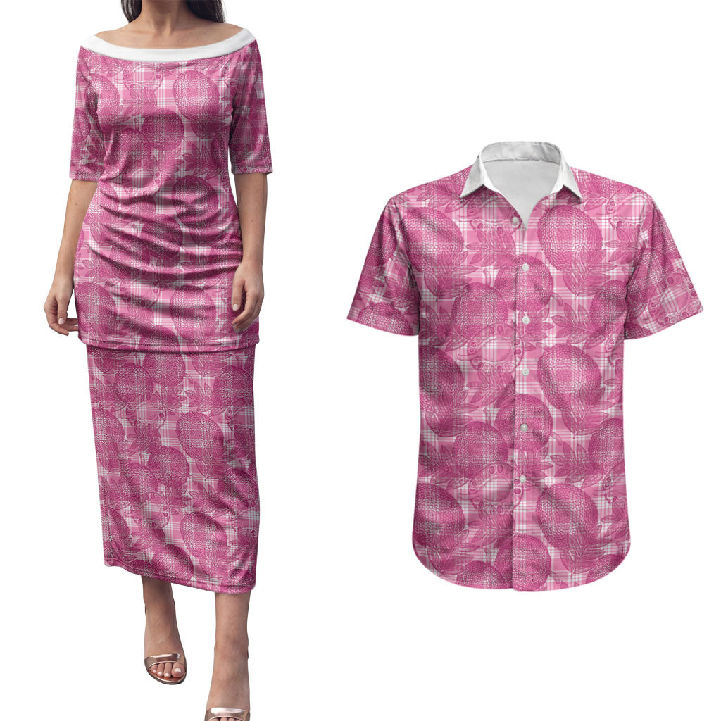 Alaka Hawaii Breadfruit Palaka Motifs Couples Matching Puletasi and Hawaiian Shirt LT14 Pink - Polynesian Pride