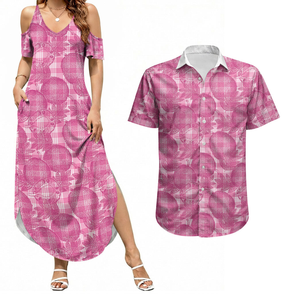 Alaka Hawaii Breadfruit Palaka Motifs Couples Matching Summer Maxi Dress and Hawaiian Shirt LT14 Pink - Polynesian Pride