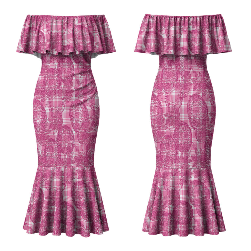 Alaka Hawaii Breadfruit Palaka Motifs Family Matching Mermaid Dress and Hawaiian Shirt LT14 Mom's Dress Pink - Polynesian Pride