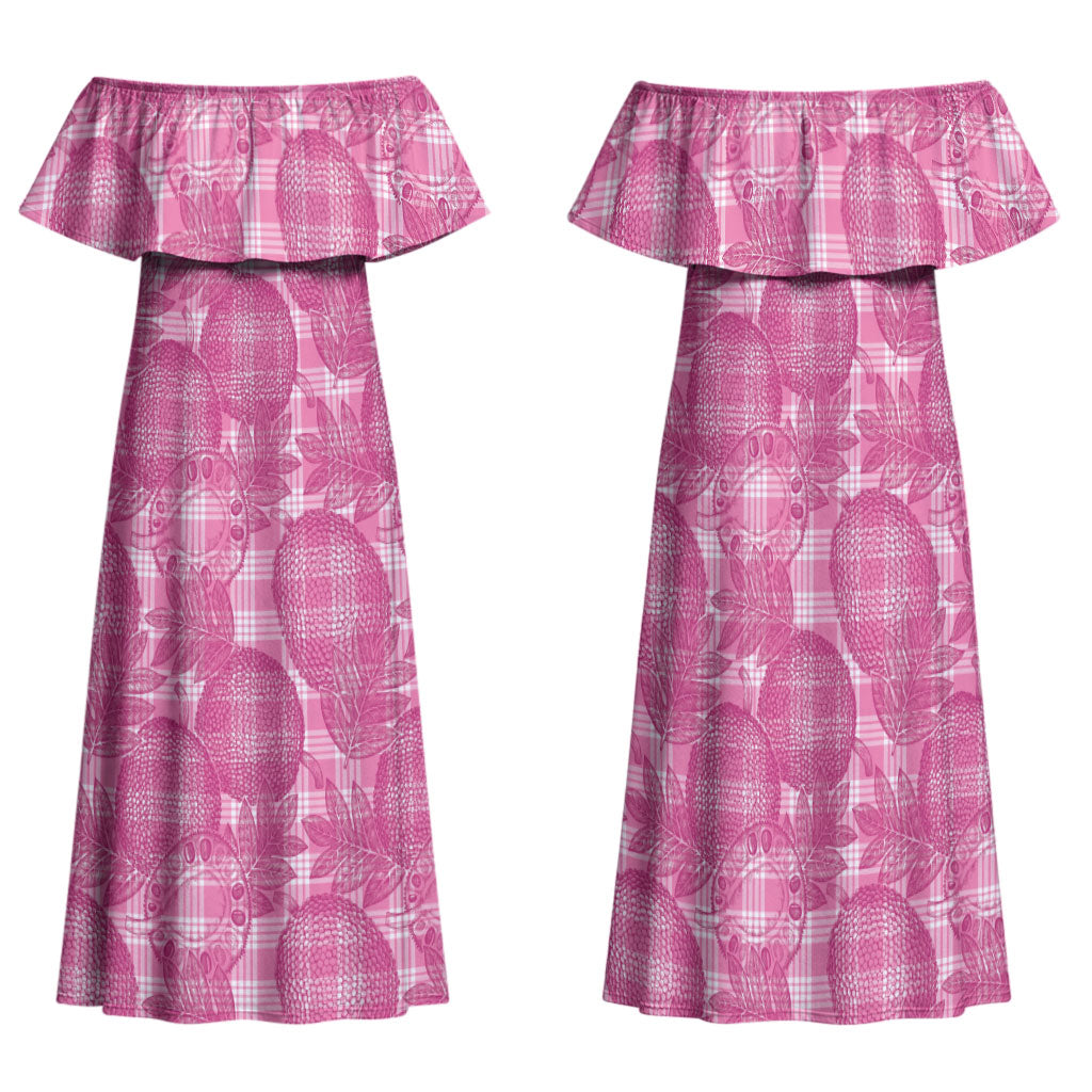 Alaka Hawaii Breadfruit Palaka Motifs Family Matching Off Shoulder Maxi Dress and Hawaiian Shirt LT14 Mom's Dress Pink - Polynesian Pride