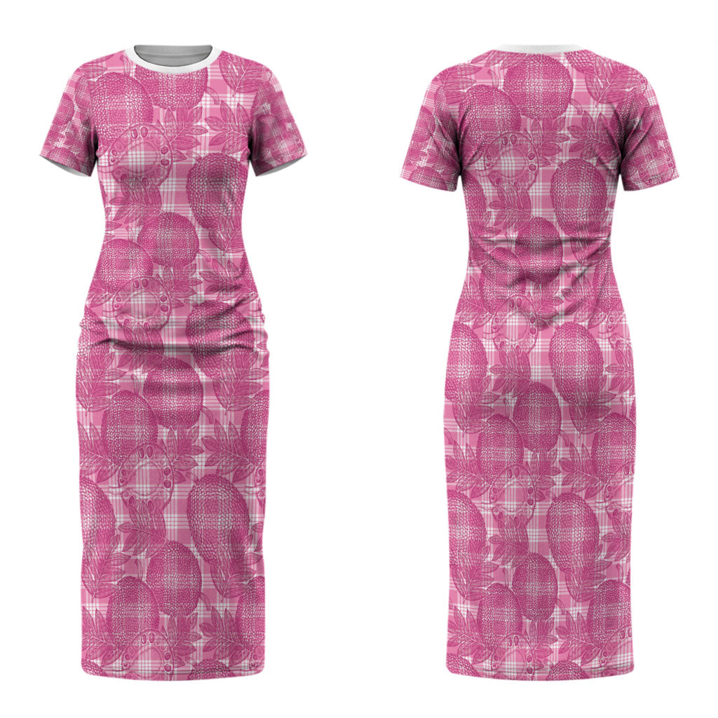 Alaka Hawaii Breadfruit Palaka Motifs Family Matching Short Sleeve Bodycon Dress and Hawaiian Shirt LT14 Mom's Dress Pink - Polynesian Pride