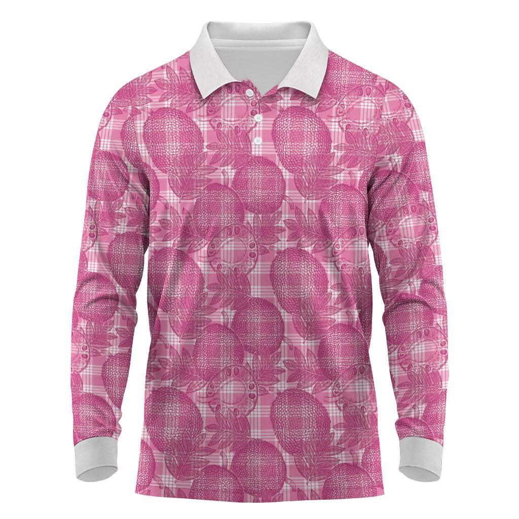 Alaka Hawaii Breadfruit Palaka Motifs Long Sleeve Polo Shirt LT14 Pink - Polynesian Pride