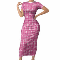 Alaka Hawaii Breadfruit Palaka Motifs Short Sleeve Bodycon Dress LT14 Long Dress Pink - Polynesian Pride
