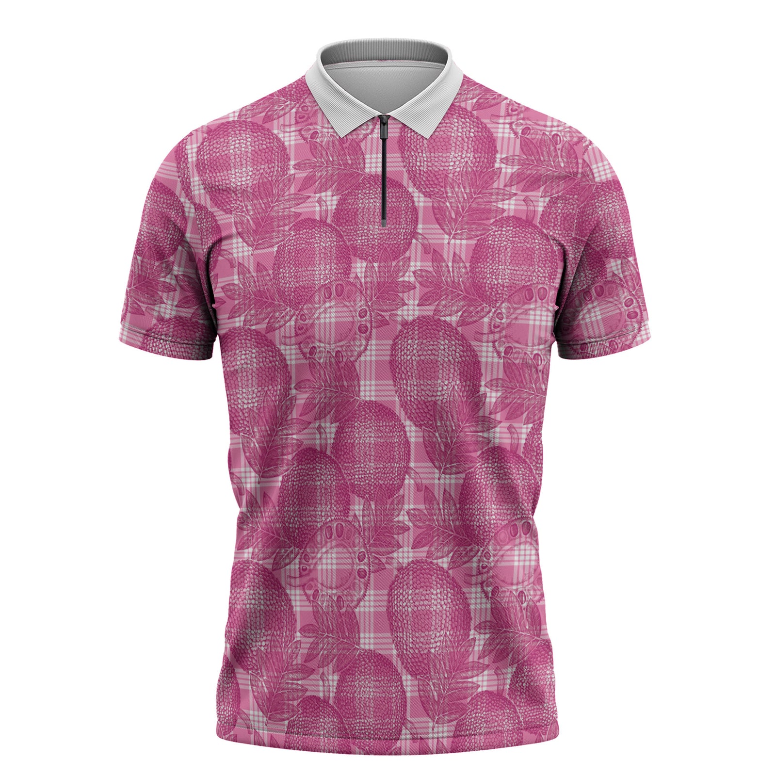 Alaka Hawaii Breadfruit Palaka Motifs Zipper Polo Shirt LT14 Pink - Polynesian Pride