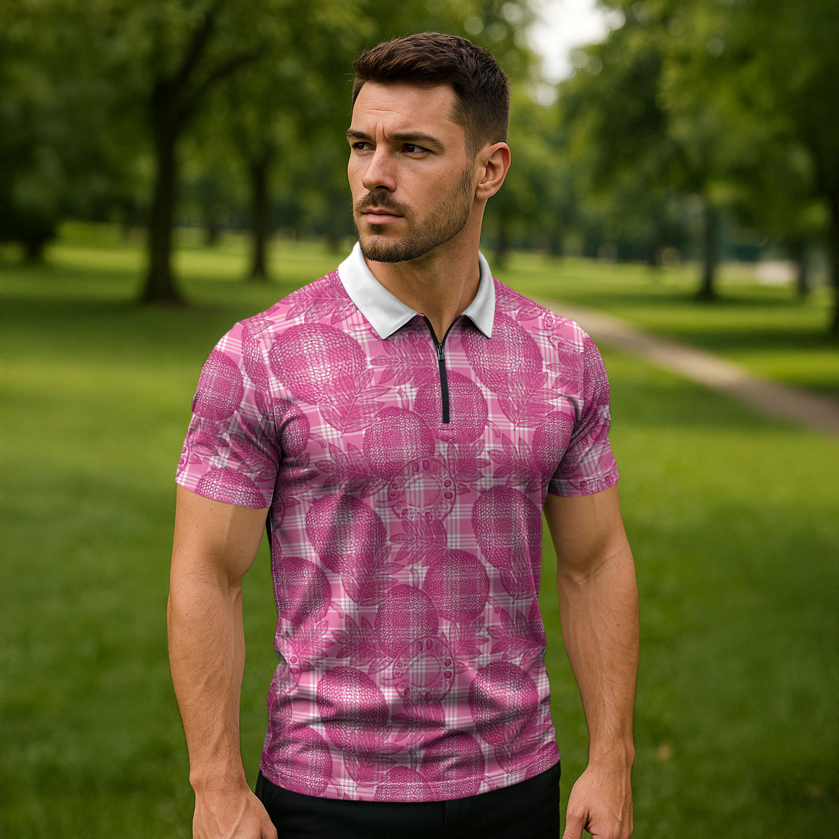 Alaka Hawaii Breadfruit Palaka Motifs Zipper Polo Shirt LT14 - Polynesian Pride