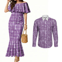 Poni Hawaii Breadfruit Palaka Motifs Couples Matching Mermaid Dress and Long Sleeve Button Shirt LT14 Purple - Polynesian Pride