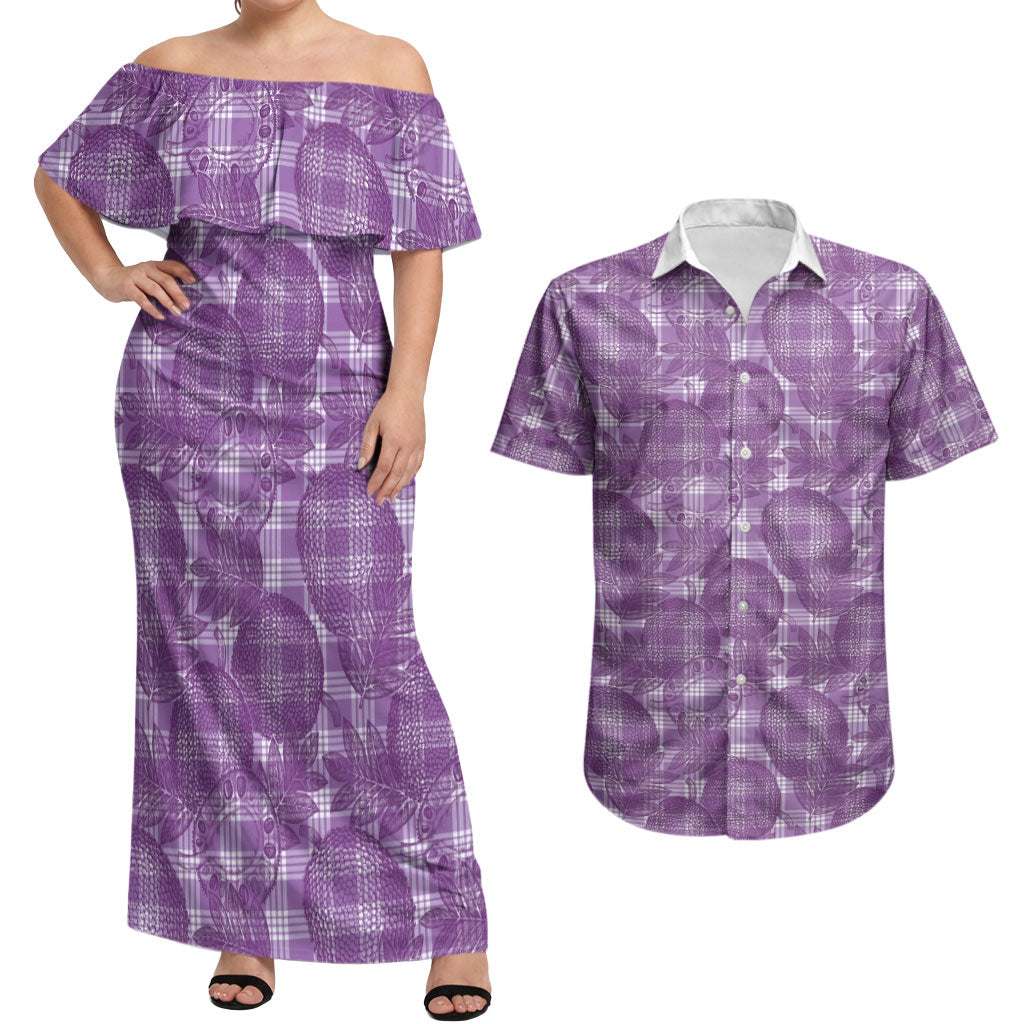 Poni Hawaii Breadfruit Palaka Motifs Couples Matching Off Shoulder Maxi Dress and Hawaiian Shirt LT14 Purple - Polynesian Pride