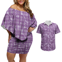 Poni Hawaii Breadfruit Palaka Motifs Couples Matching Off Shoulder Short Dress and Hawaiian Shirt LT14 Purple - Polynesian Pride