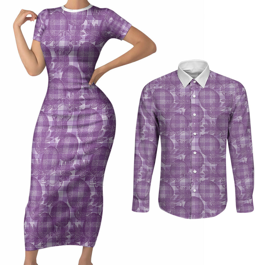 Poni Hawaii Breadfruit Palaka Motifs Couples Matching Short Sleeve Bodycon Dress and Long Sleeve Button Shirt LT14 Purple - Polynesian Pride