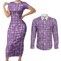 Poni Hawaii Breadfruit Palaka Motifs Couples Matching Short Sleeve Bodycon Dress and Long Sleeve Button Shirt LT14 Purple - Polynesian Pride