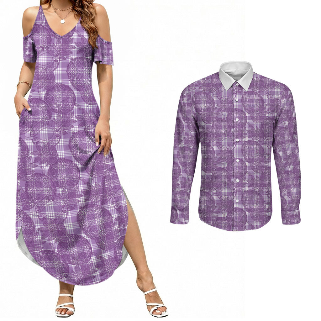 Poni Hawaii Breadfruit Palaka Motifs Couples Matching Summer Maxi Dress and Long Sleeve Button Shirt LT14 Purple - Polynesian Pride