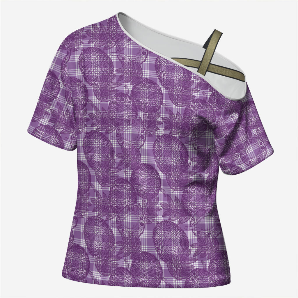 Poni Hawaii Breadfruit Palaka Motifs Cross Shoulder Shirt LT14 Female Purple - Polynesian Pride
