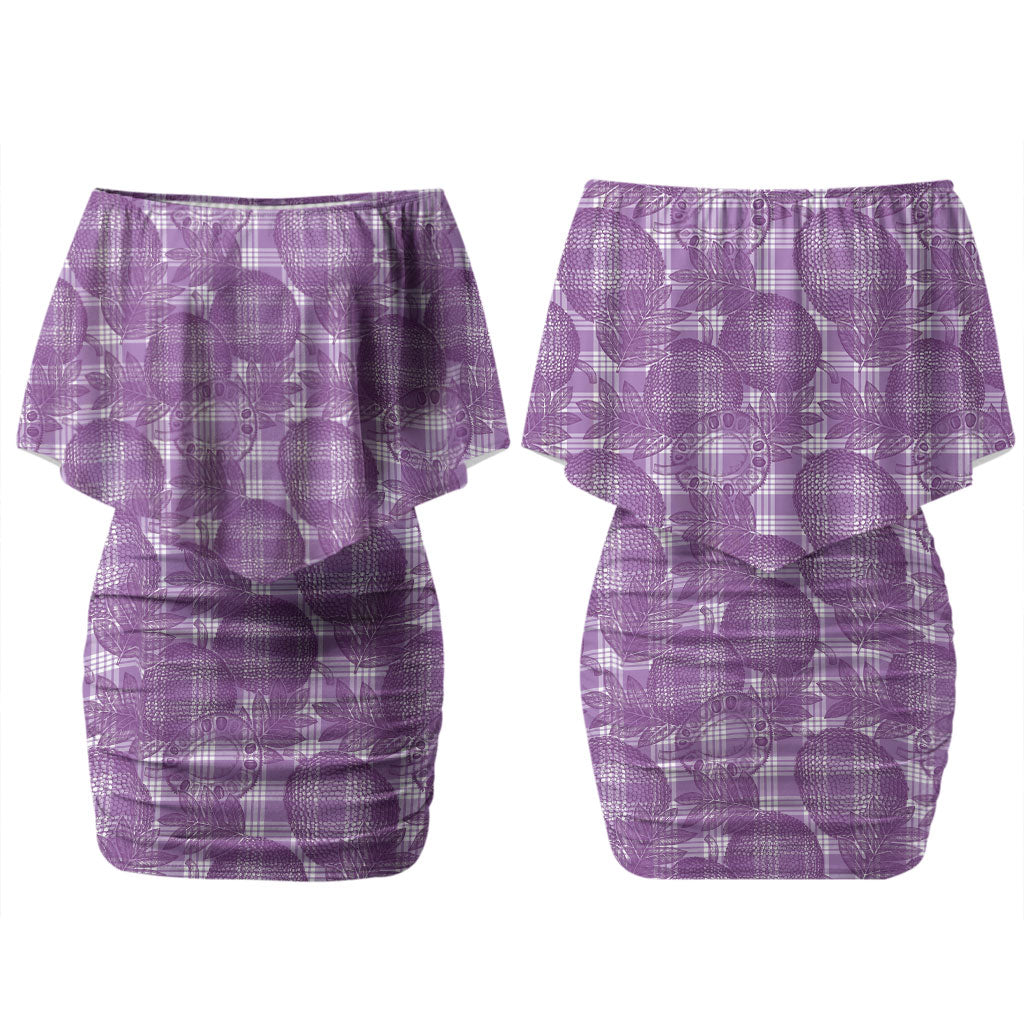 Poni Hawaii Breadfruit Palaka Motifs Family Matching Off Shoulder Short Dress and Hawaiian Shirt LT14 Mom's Dress Purple - Polynesian Pride