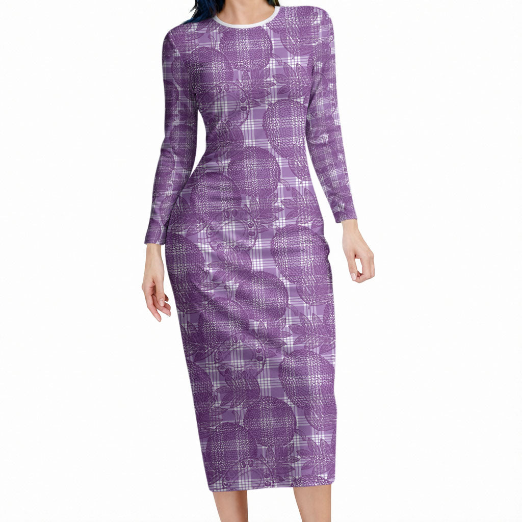 Poni Hawaii Breadfruit Palaka Motifs Long Sleeve Bodycon Dress LT14 Long Dress Purple - Polynesian Pride