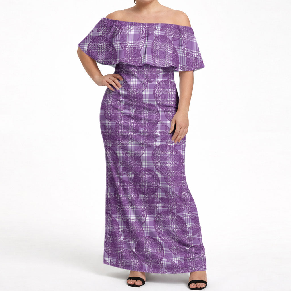 Poni Hawaii Breadfruit Palaka Motifs Off Shoulder Maxi Dress LT14 Women Purple - Polynesian Pride