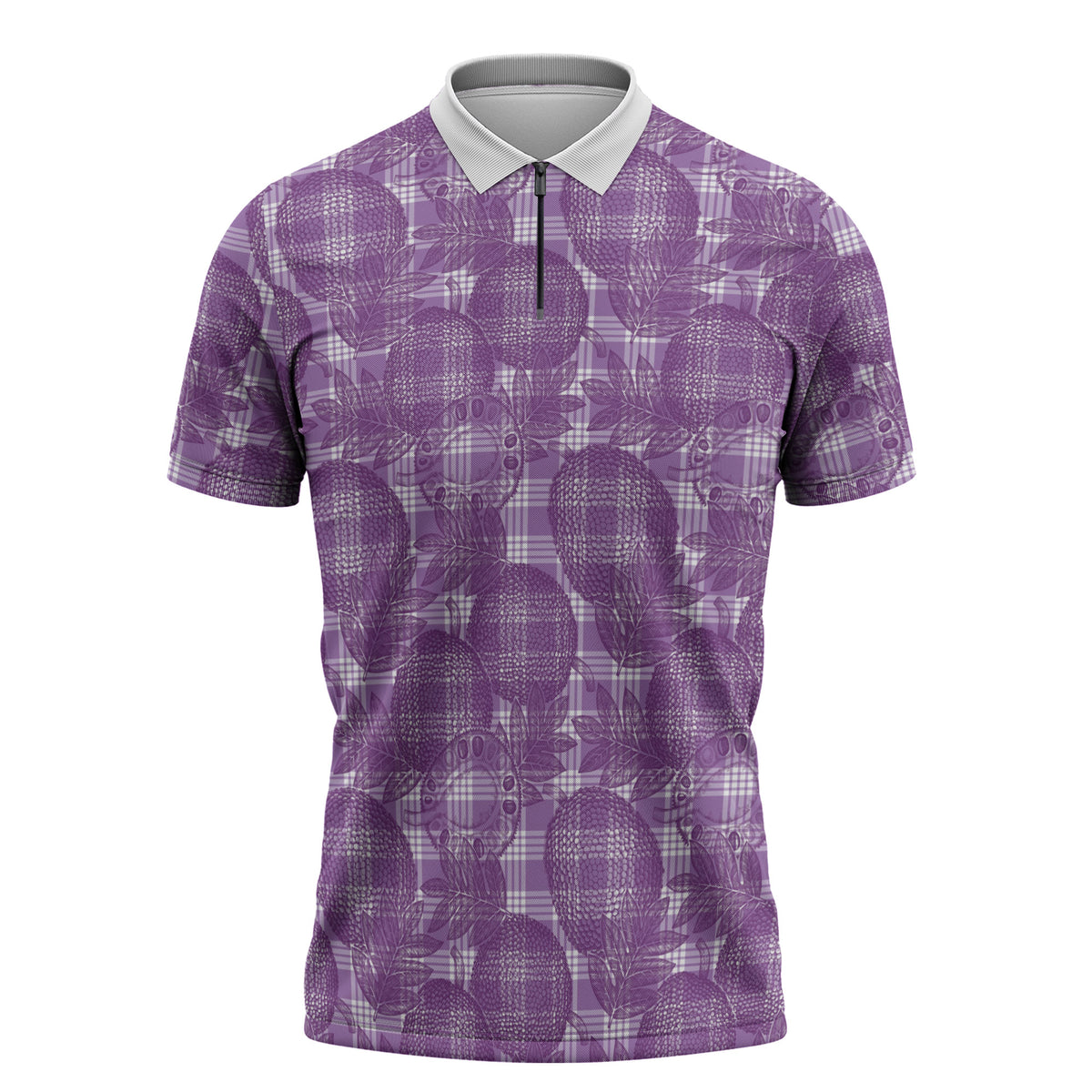 Poni Hawaii Breadfruit Palaka Motifs Zipper Polo Shirt LT14 Purple - Polynesian Pride