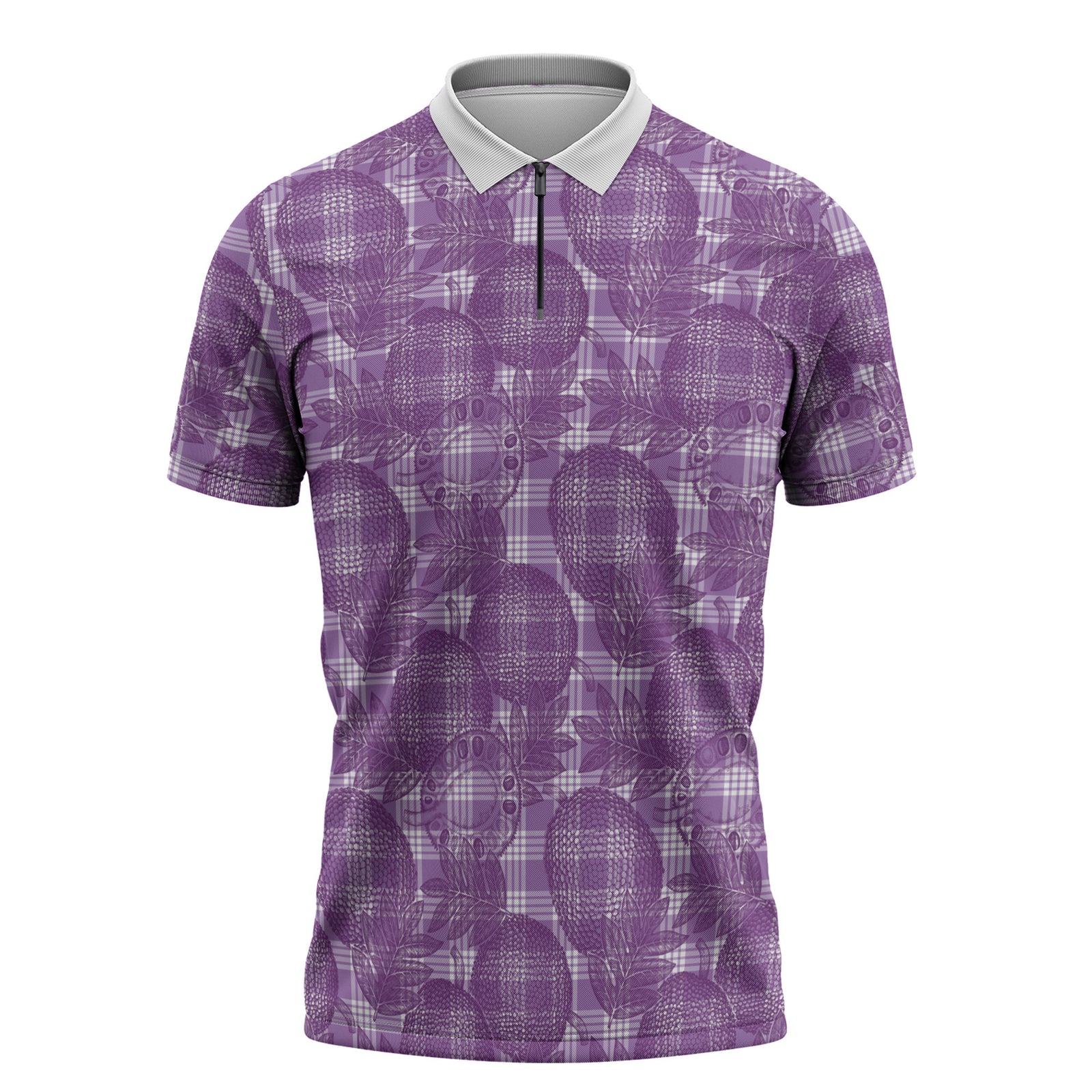 Poni Hawaii Breadfruit Palaka Motifs Zipper Polo Shirt LT14 Purple - Polynesian Pride