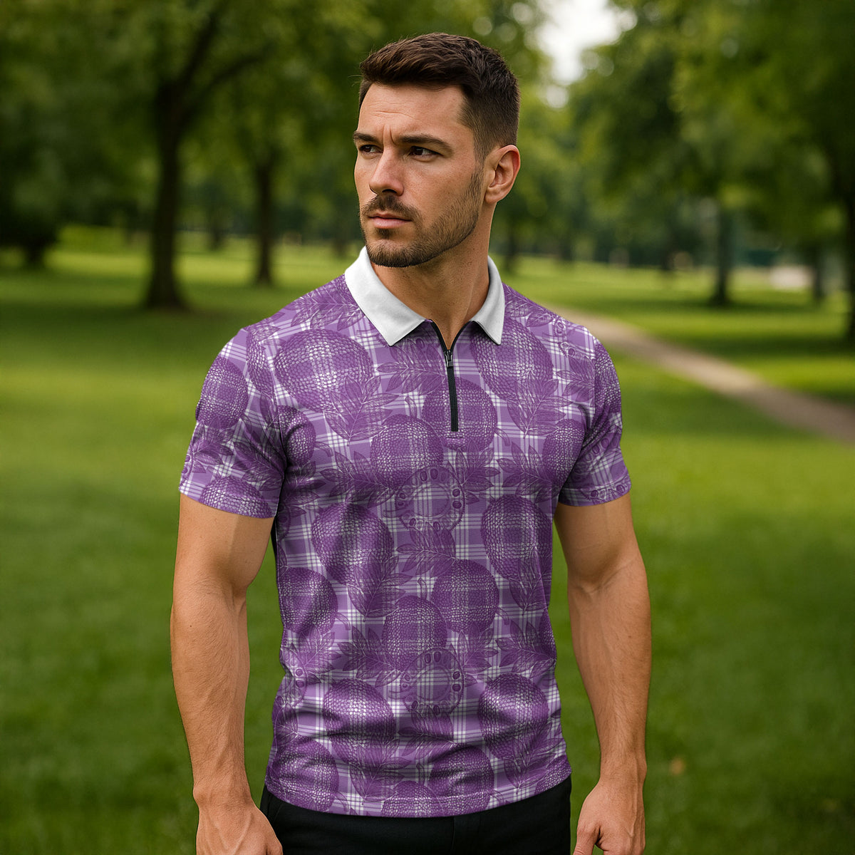 Poni Hawaii Breadfruit Palaka Motifs Zipper Polo Shirt LT14 - Polynesian Pride