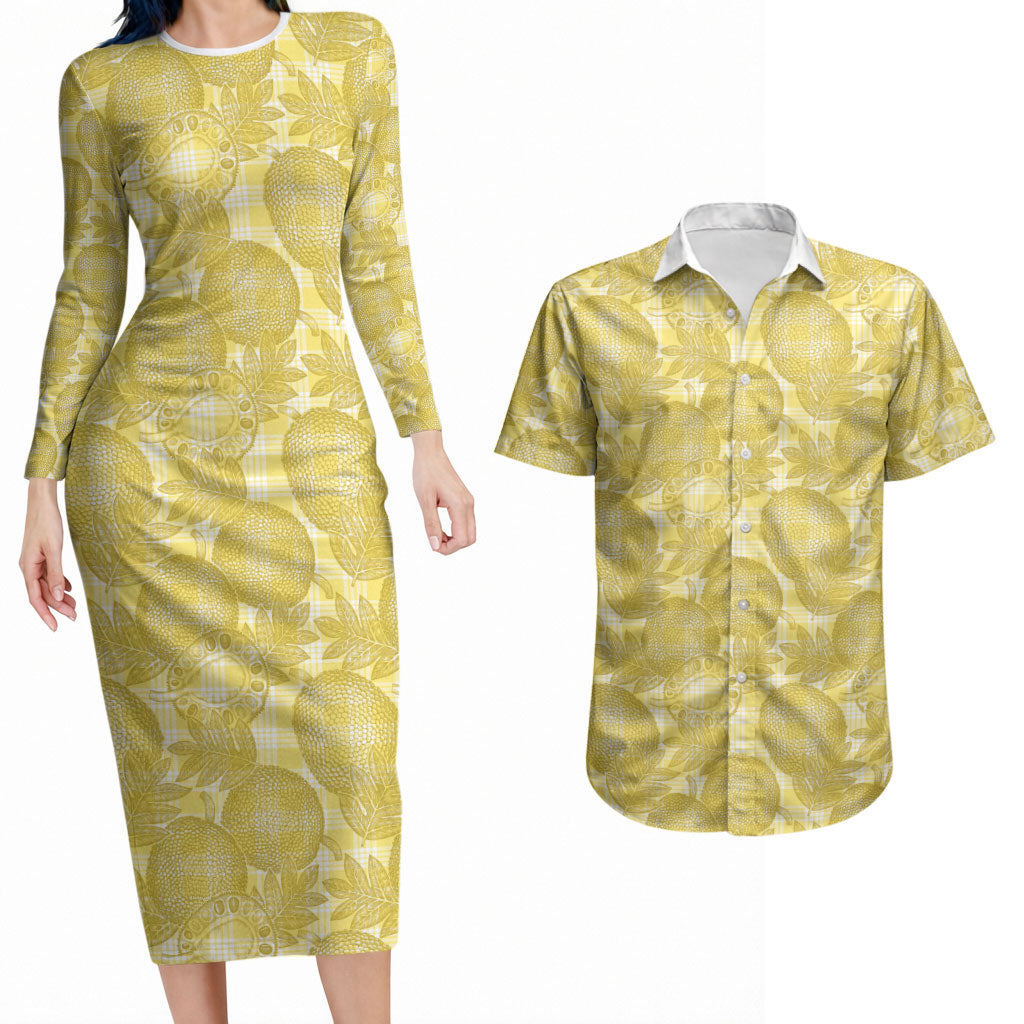 Melemele Hawaii Breadfruit Palaka Motifs Couples Matching Long Sleeve Bodycon Dress and Hawaiian Shirt LT14 Yellow - Polynesian Pride
