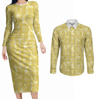 Melemele Hawaii Breadfruit Palaka Motifs Couples Matching Long Sleeve Bodycon Dress and Long Sleeve Button Shirt LT14 Yellow - Polynesian Pride