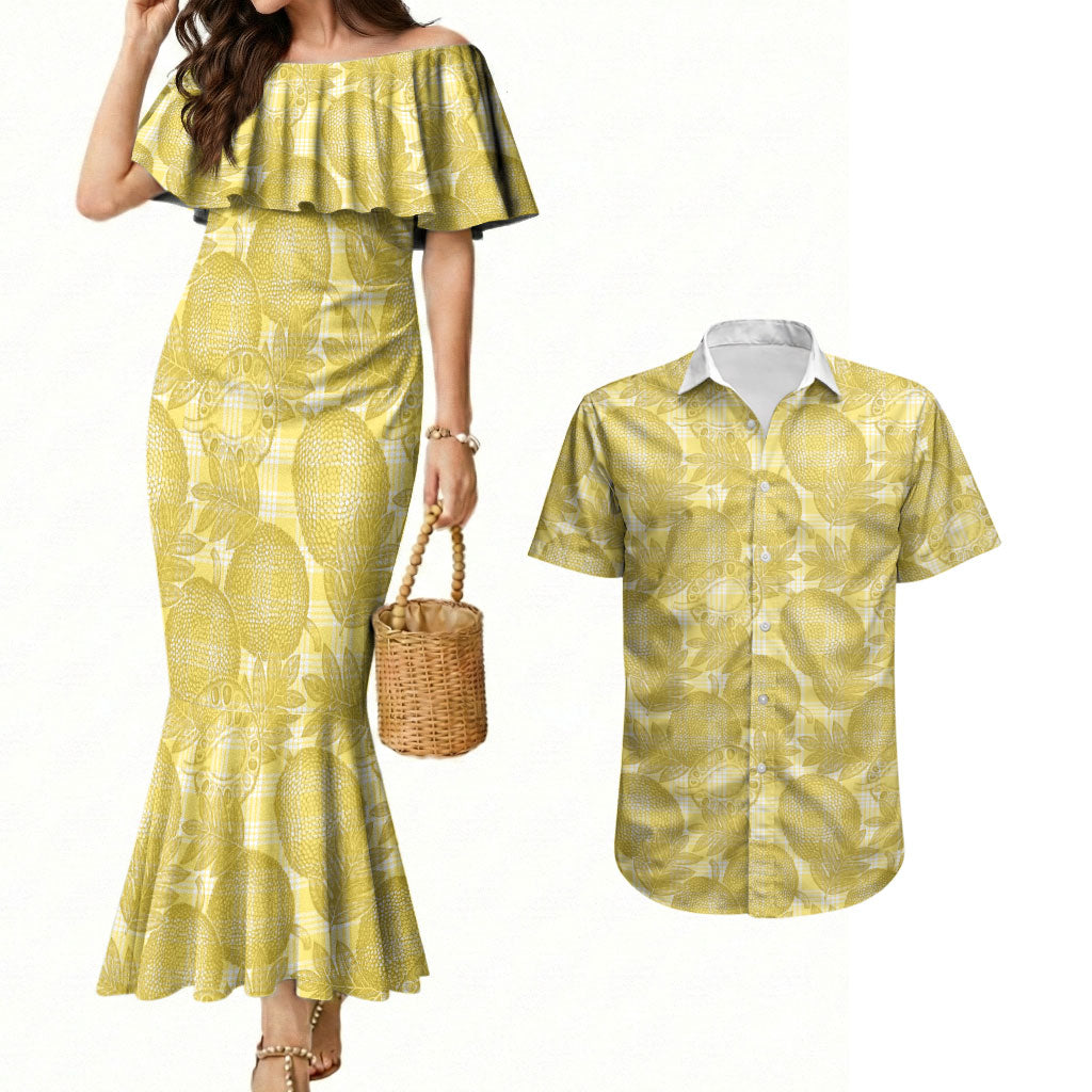 Melemele Hawaii Breadfruit Palaka Motifs Couples Matching Mermaid Dress and Hawaiian Shirt LT14 Yellow - Polynesian Pride
