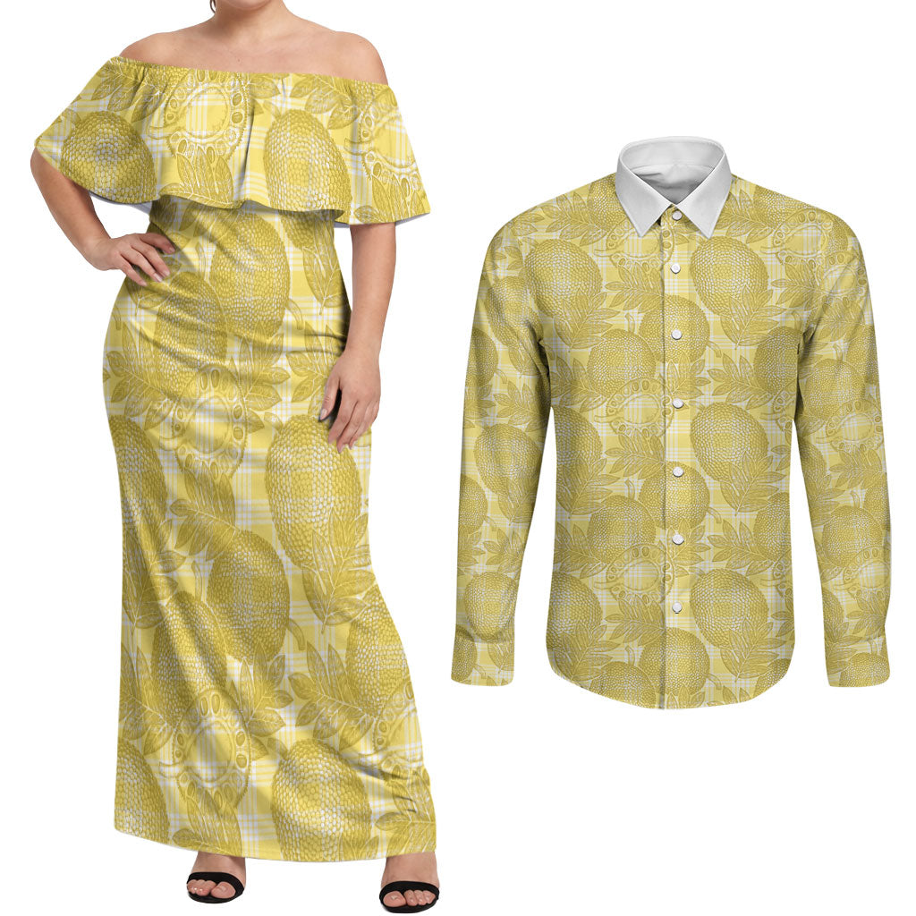 Melemele Hawaii Breadfruit Palaka Motifs Couples Matching Off Shoulder Maxi Dress and Long Sleeve Button Shirt