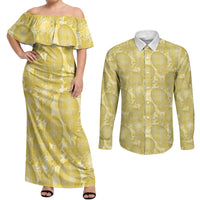 Melemele Hawaii Breadfruit Palaka Motifs Couples Matching Off Shoulder Maxi Dress and Long Sleeve Button Shirt LT14 Yellow - Polynesian Pride