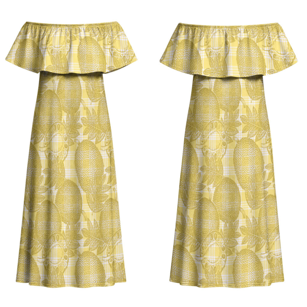 Melemele Hawaii Breadfruit Palaka Motifs Couples Matching Off Shoulder Maxi Dress and Long Sleeve Button Shirt LT14 - Polynesian Pride