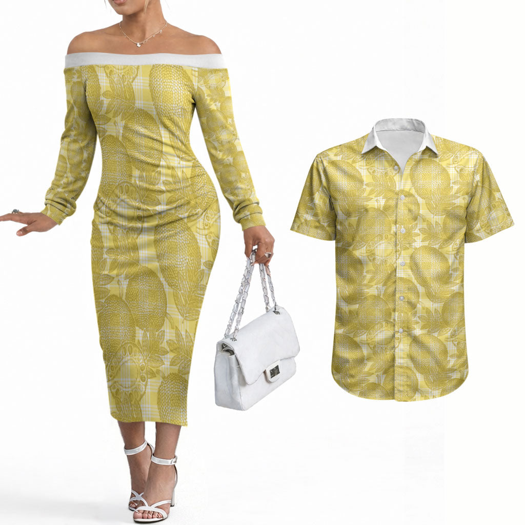 Melemele Hawaii Breadfruit Palaka Motifs Couples Matching Off The Shoulder Long Sleeve Dress and Hawaiian Shirt LT14 Yellow - Polynesian Pride