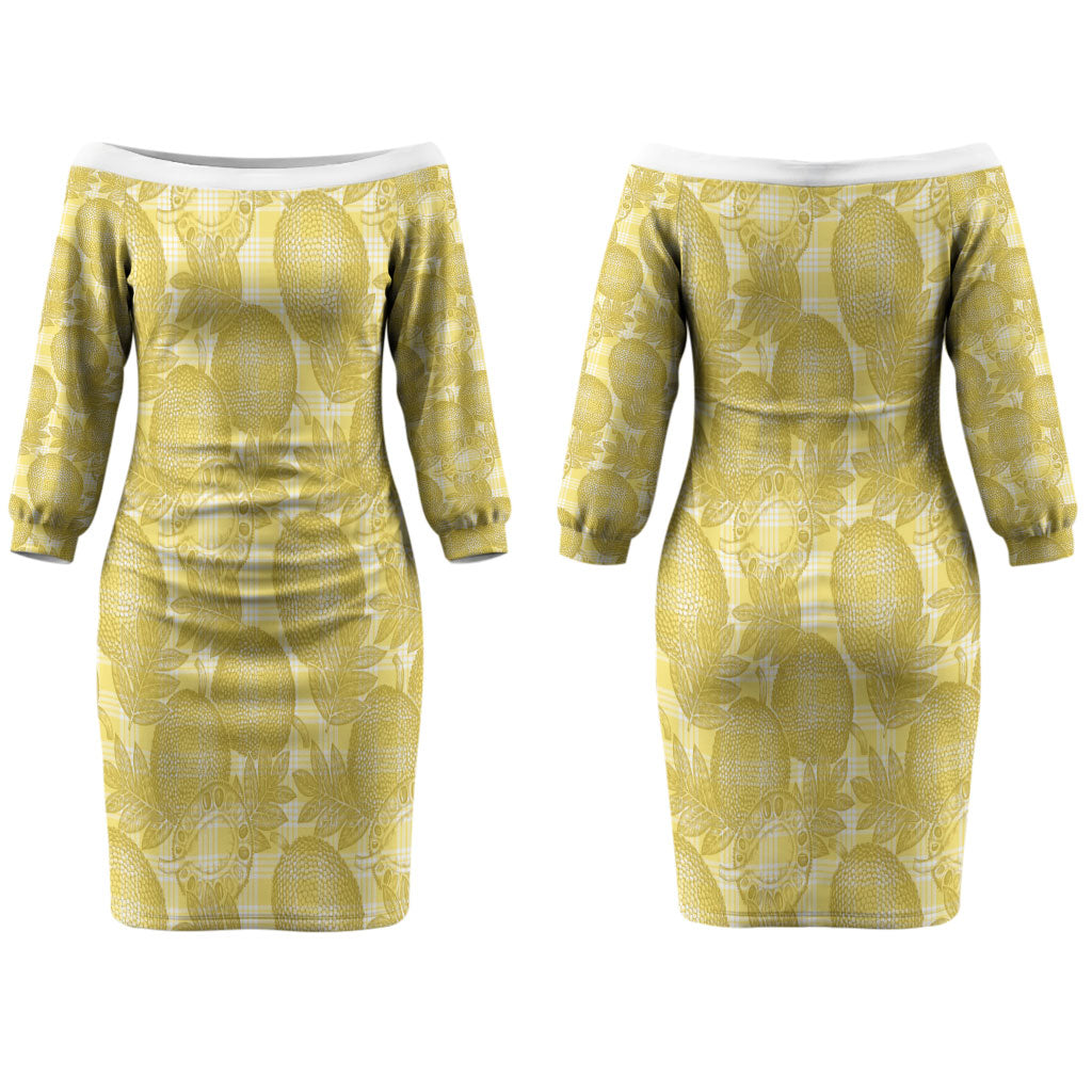 Melemele Hawaii Breadfruit Palaka Motifs Couples Matching Off The Shoulder Long Sleeve Dress and Hawaiian Shirt LT14 - Polynesian Pride