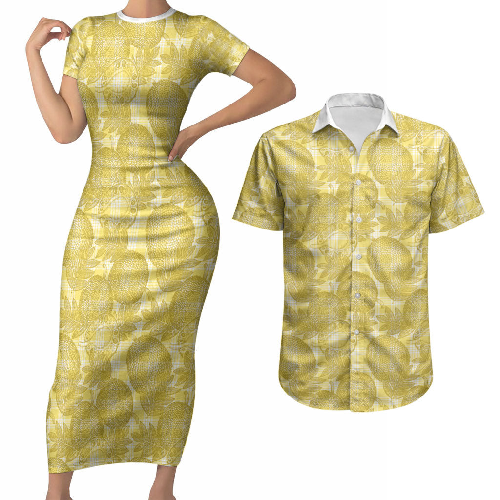 Melemele Hawaii Breadfruit Palaka Motifs Couples Matching Short Sleeve Bodycon Dress and Hawaiian Shirt LT14 Yellow - Polynesian Pride