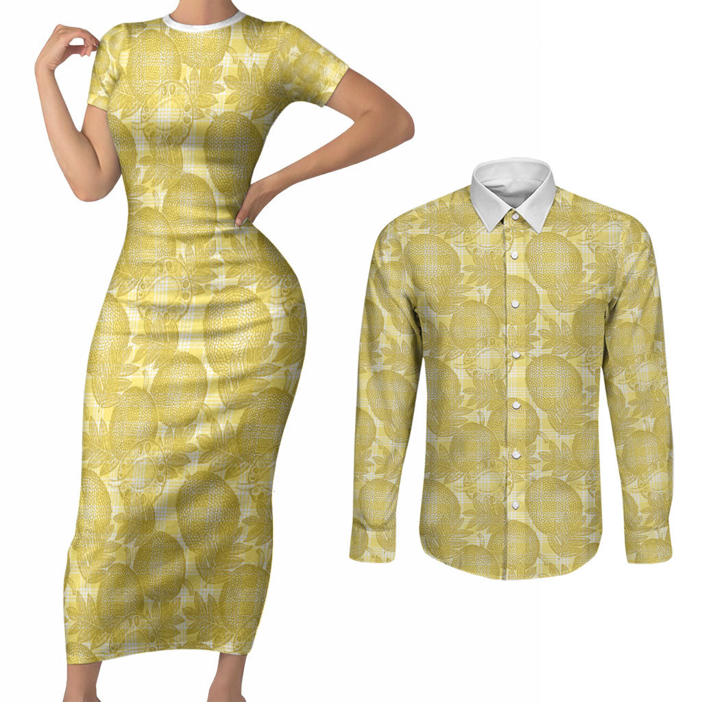 Melemele Hawaii Breadfruit Palaka Motifs Couples Matching Short Sleeve Bodycon Dress and Long Sleeve Button Shirt LT14 Yellow - Polynesian Pride