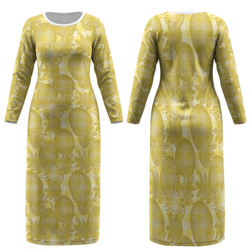 Melemele Hawaii Breadfruit Palaka Motifs Family Matching Long Sleeve Bodycon Dress and Hawaiian Shirt LT14 Mom's Dress Yellow - Polynesian Pride