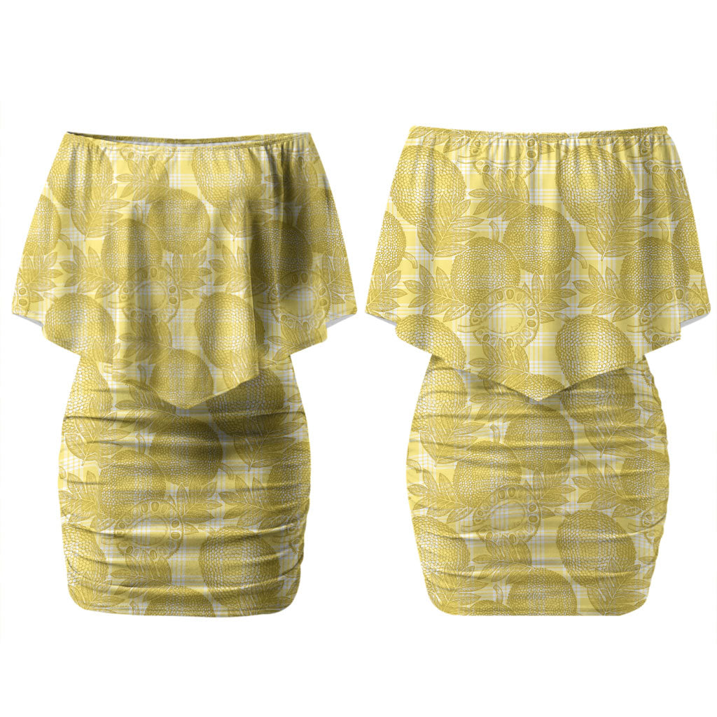 Melemele Hawaii Breadfruit Palaka Motifs Family Matching Off Shoulder Short Dress and Hawaiian Shirt LT14 Mom's Dress Yellow - Polynesian Pride