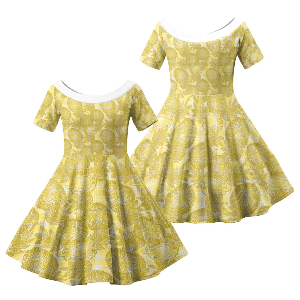 Melemele Hawaii Breadfruit Palaka Motifs Family Matching Summer Maxi Dress and Hawaiian Shirt LT14 Daughter's Dress Yellow - Polynesian Pride