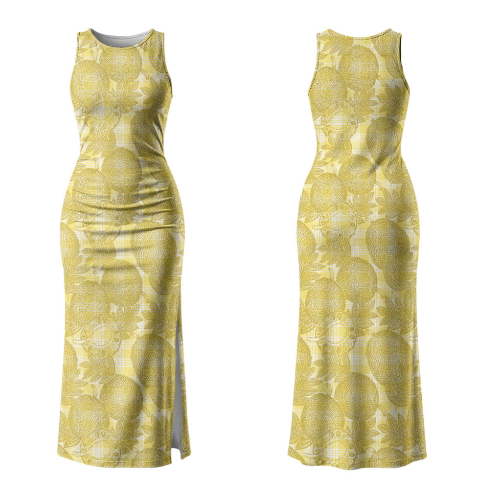 Melemele Hawaii Breadfruit Palaka Motifs Family Matching Tank Maxi Dress and Hawaiian Shirt LT14 Mom's Dress Yellow - Polynesian Pride