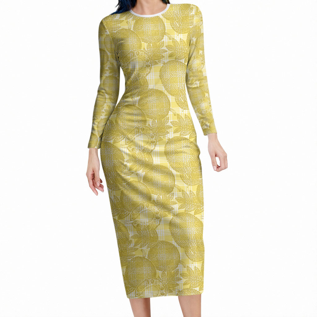 Melemele Hawaii Breadfruit Palaka Motifs Long Sleeve Bodycon Dress LT14 Long Dress Yellow - Polynesian Pride