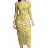 Melemele Hawaii Breadfruit Palaka Motifs Long Sleeve Bodycon Dress LT14 Long Dress Yellow - Polynesian Pride