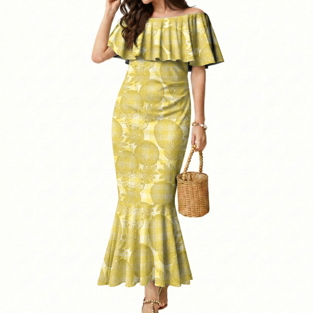 Melemele Hawaii Breadfruit Palaka Motifs Mermaid Dress LT14 Women Yellow - Polynesian Pride