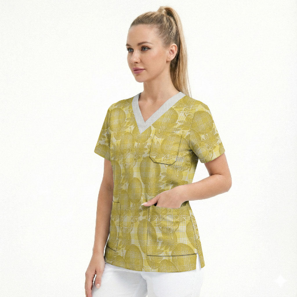 Melemele Hawaii Breadfruit Palaka Motifs Scrub Top LT14 - Polynesian Pride